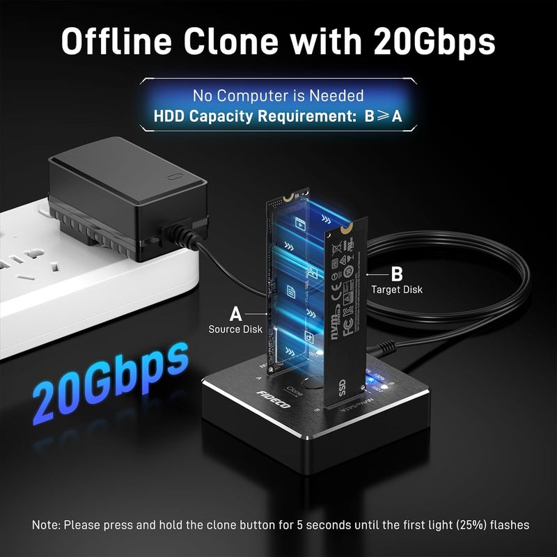FIDECO M.2 NVMe SATA SSD Cloner Dock, USB 3.2 Gen 2 X 2, 20Gbps Dual NVMe SATA SSD Enclosure, M.2 Duplicator Cloner, Support Offline Clone, UASP and Trim, Aluminum Design - Image 2
